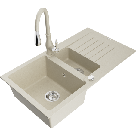 Mexen Matias fregadero de granito de 1,5 senos con escurridor y grifo de cocina Savita, beige - 6502-69-672601-69