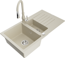 Mexen Matias fregadero de granito 1,5 tazones con escurridor y grifo de cocina Savita, beige - 6502-69-672601-69