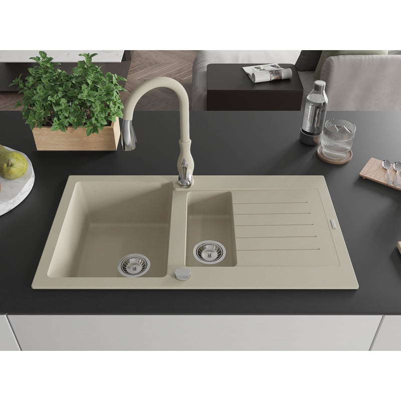 Mexen Matias fregadero de granito de 1,5 senos con escurridor y grifo de cocina Savita, beige - 6502-69-672601-69