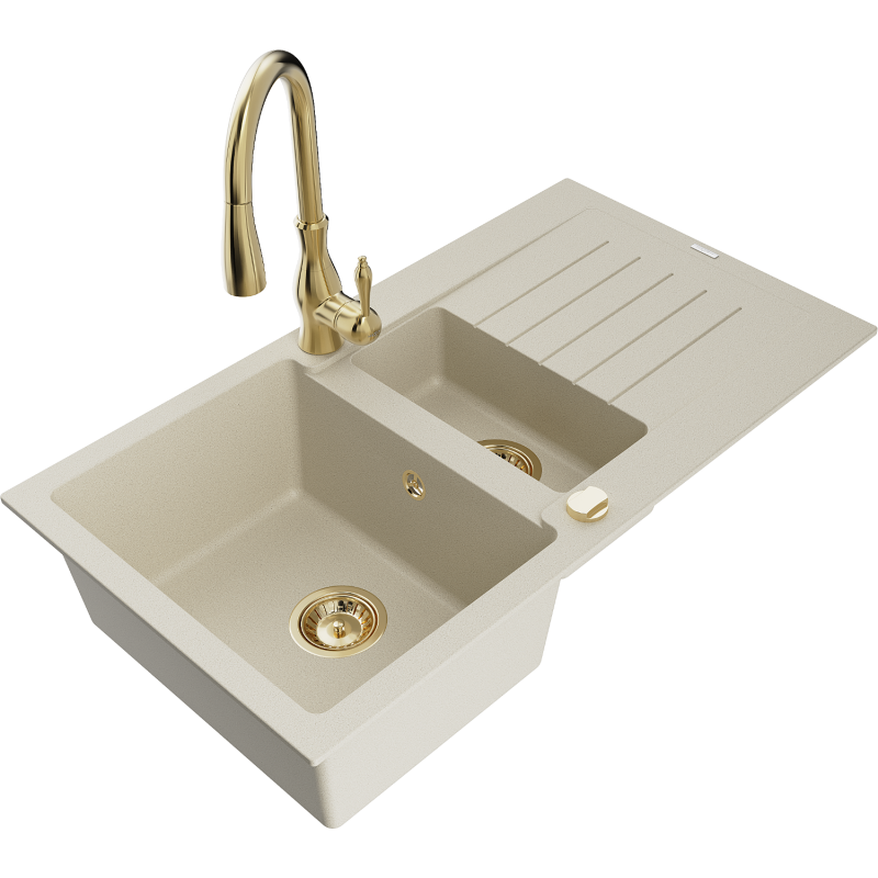 Mexen Matias fregadero de granito 1,5 cámaras con escurridor y grifo de cocina Savita, beige - 6502-69-672601-50