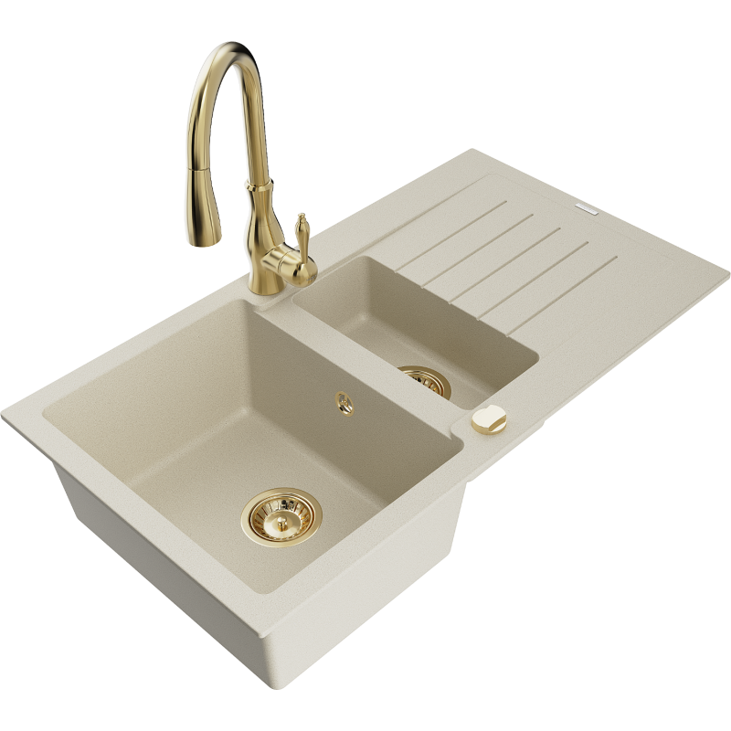 Mexen Matias granite sink 1.5-bowl with drainer and Savita kitchen tap, beige - 6502-69-672601-50