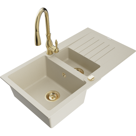 Mexen Matias granitenspoelbak 1,5-kamer met afdruiprek en keukenmengkraan Savita, beige - 6502-69-672601-50