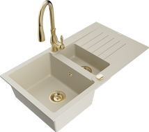 Mexen Matias granite sink 1.5-bowl with drainer and Savita kitchen tap, beige - 6502-69-672601-50