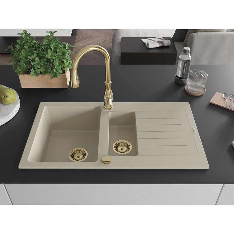 Mexen Matias fregadero de granito de 1,5 tazones con escurridor y grifo de cocina Savita, beige - 6502-69-672601-50