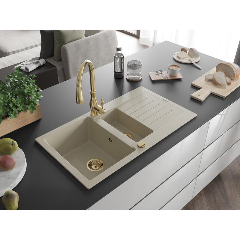 Mexen Matias évier en granit 1,5 bac avec égouttoir et robinet de cuisine Savita, beige - 6502-69-672601-50