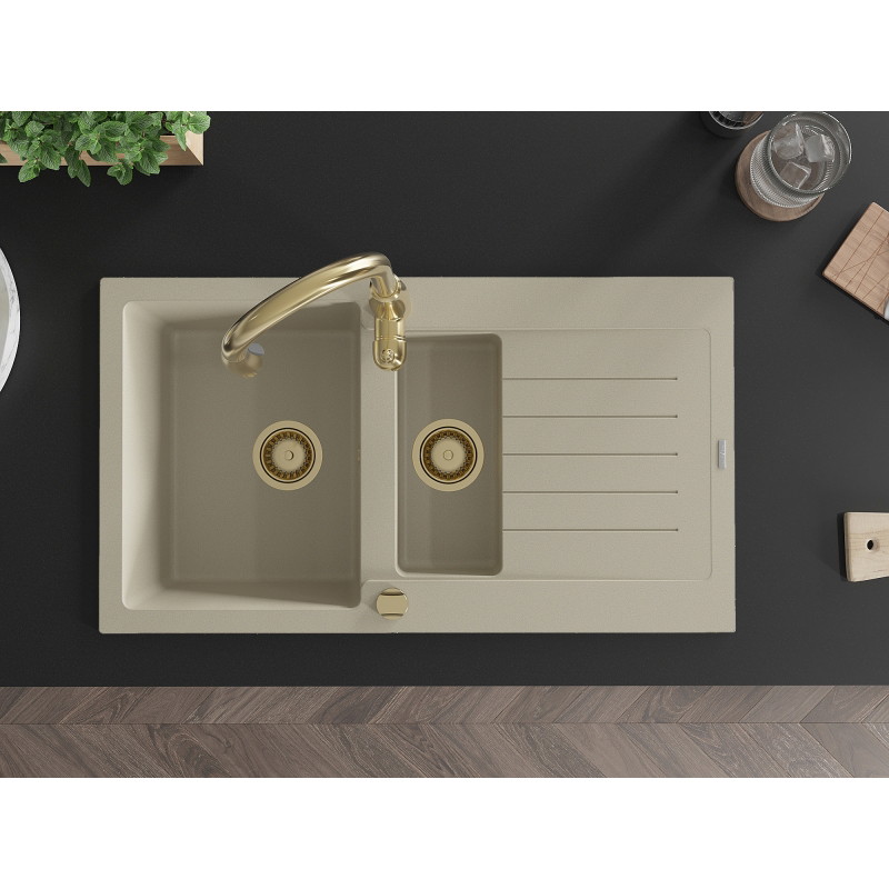Mexen Matias granitenspoelbak 1,5-kamer met afdruiprek en keukenmengkraan Savita, beige - 6502-69-672601-50