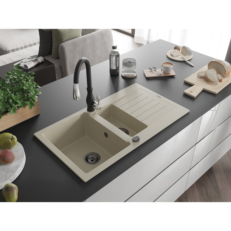 Mexen Matias Granitspüle 1,5-Becken mit Abtropfer und Küchenarmatur Savita, beige - 6502-69-672601-70