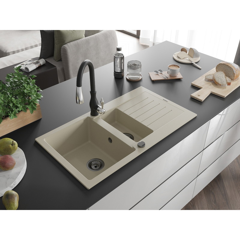 Mexen Matias granitspüle 1,5-fach mit abtropffläche und küchenarmatur Savita, beige - 6502-69-672601-70