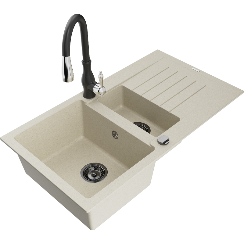 Mexen Matias fregadero de granito de 1,5 senos con escurridor y grifo de cocina Savita, beige - 6502-69-672601-70