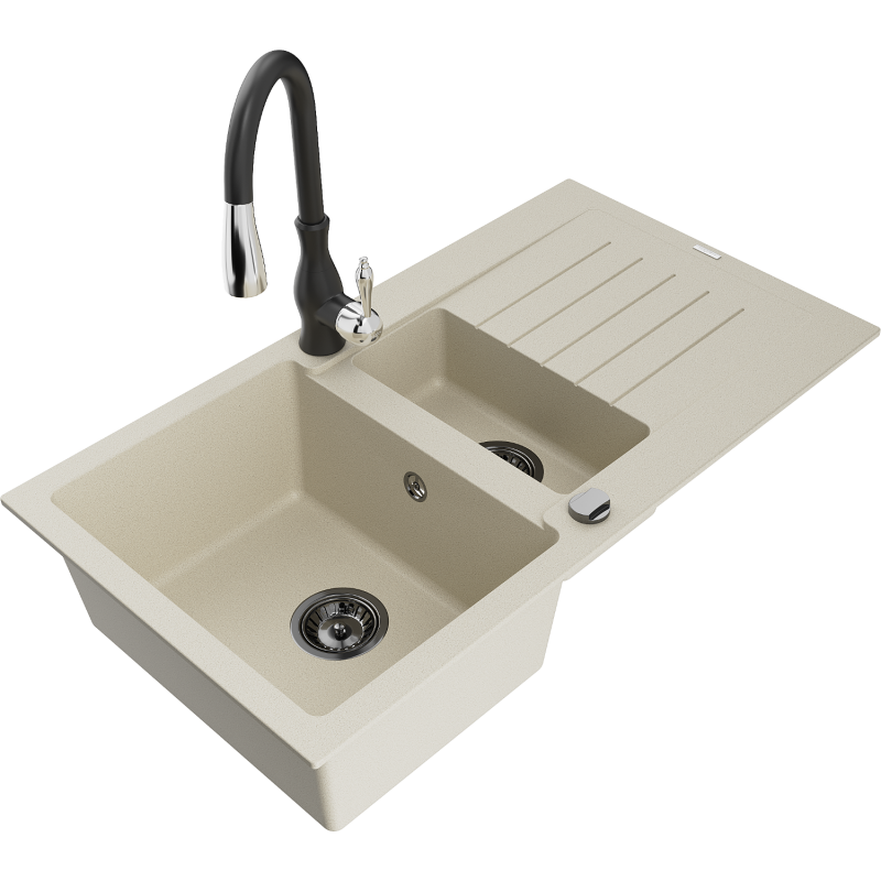 Mexen Matias granitdiskbänk 1,5-kammare med avrinningsyta och Savita köksblandare, beige - 6502-69-672601-70