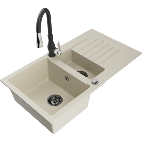 Mexen Matias fregadero de granito de 1,5 senos con escurridor y grifo de cocina Savita, beige - 6502-69-672601-70