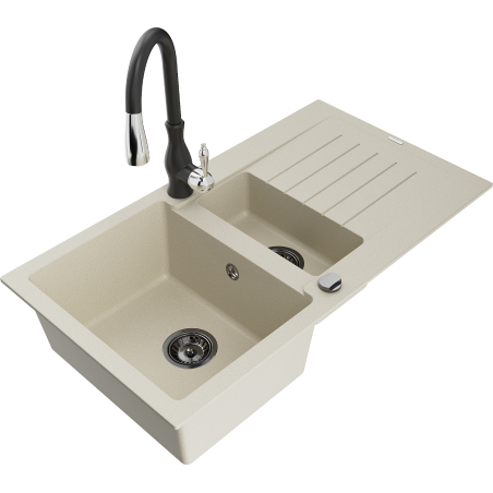 Mexen Matias Granitspüle 1,5-Becken mit Abtropfer und Küchenarmatur Savita, beige - 6502-69-672601-70