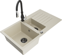 Mexen Matias fregadero de granito de 1,5 senos con escurridor y grifo de cocina Savita, beige - 6502-69-672601-70
