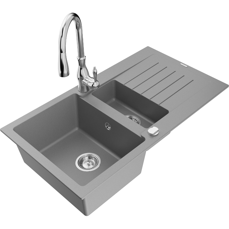 Mexen Matias fregadero de granito de 1,5 senos con escurridor y grifo de cocina Savita, gris - 6502-71-672601-00