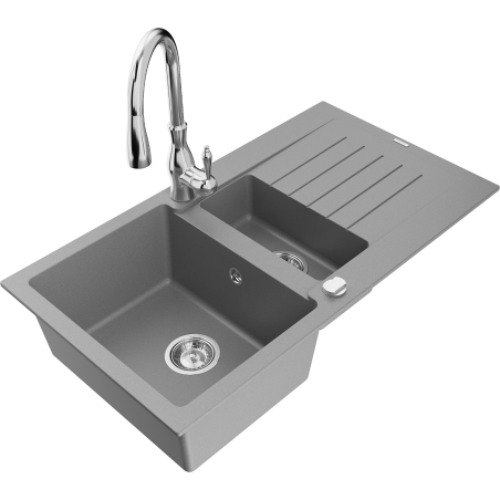 Mexen Matias fregadero de granito de 1,5 senos con escurridor y grifo de cocina Savita, gris - 6502-71-672601-00