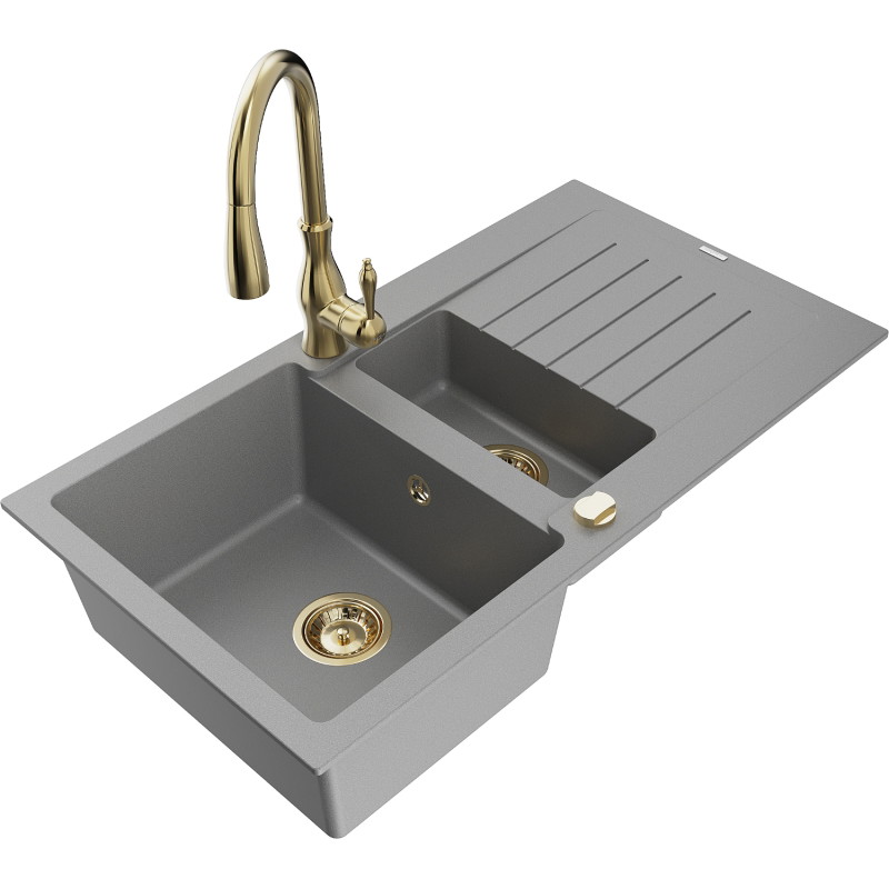 Mexen Matias fregadero de granito con 1,5 senos, escurridor y grifo de cocina Savita, gris - 6502-71-672601-50