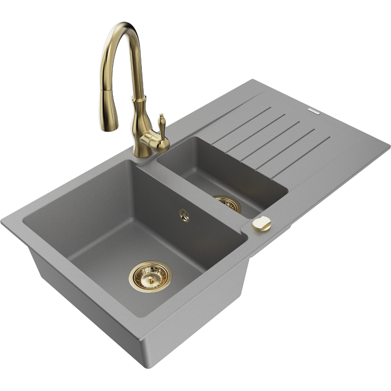 Mexen Matias fregadero de granito de 1,5 senos con escurridor y grifo de cocina Savita, gris - 6502-71-672601-50