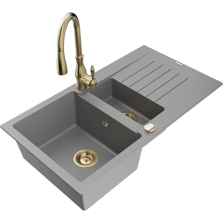 Mexen Matias granite sink 1.5-bowl with drainer and Savita kitchen tap, grey - 6502-71-672601-50