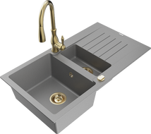 Mexen Matias granite sink 1.5-bowl with drainer and Savita kitchen tap, grey - 6502-71-672601-50