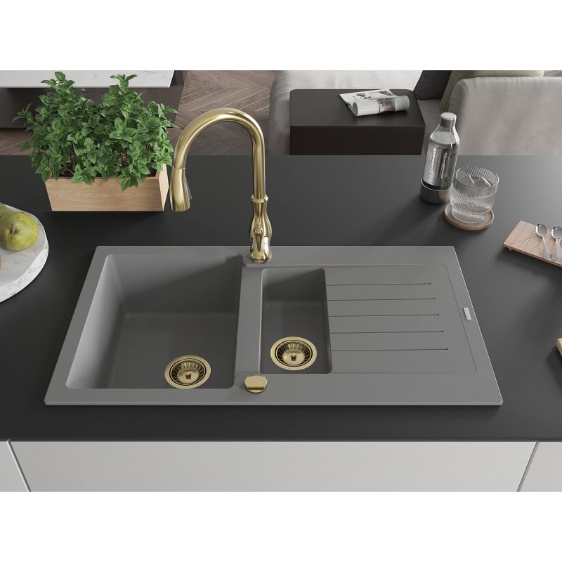 Mexen Matias granite sink 1.5-bowl with drainer and Savita kitchen tap, grey - 6502-71-672601-50