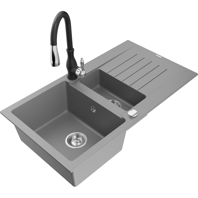 Mexen Matias fregadero de granito de 1,5 senos con escurridor y grifo de cocina Savita, gris - 6502-71-672601-70