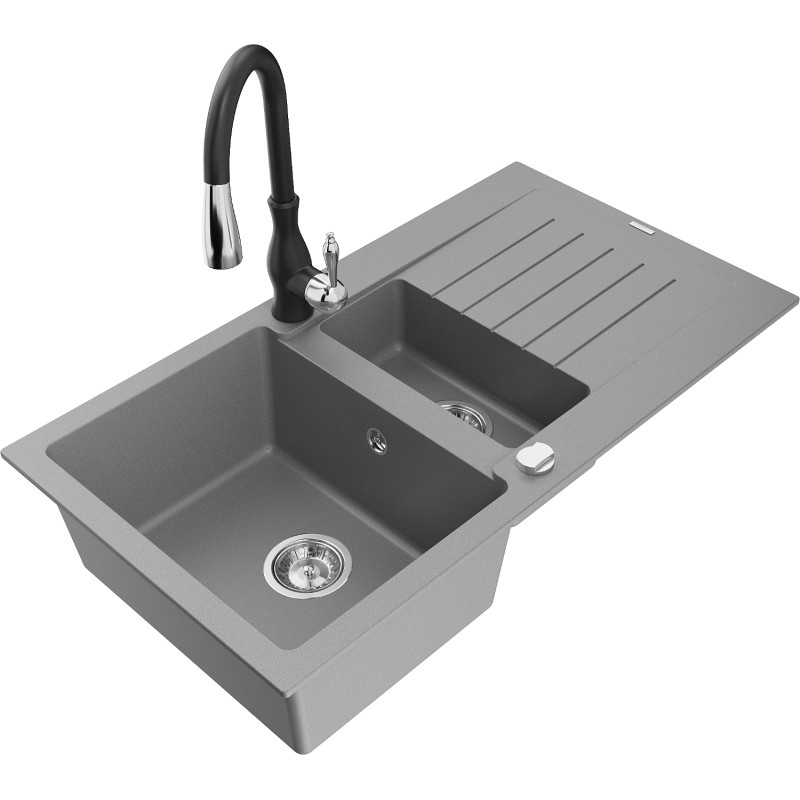 Mexen Matias lavello in granito a 1,5 vasche con scolapiatti e rubinetto cucina Savita, grigio - 6502-71-672601-70