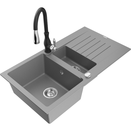 Mexen Matias évier en granit 1,5 bac avec égouttoir et robinet de cuisine Savita, gris - 6502-71-672601-70