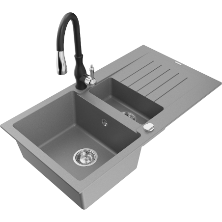Mexen Matias granite sink 1.5-bowl with drainer and Savita kitchen tap, grey - 6502-71-672601-70