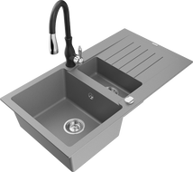 Mexen Matias fregadero de granito de 1,5 senos con escurridor y grifo de cocina Savita, gris - 6502-71-672601-70