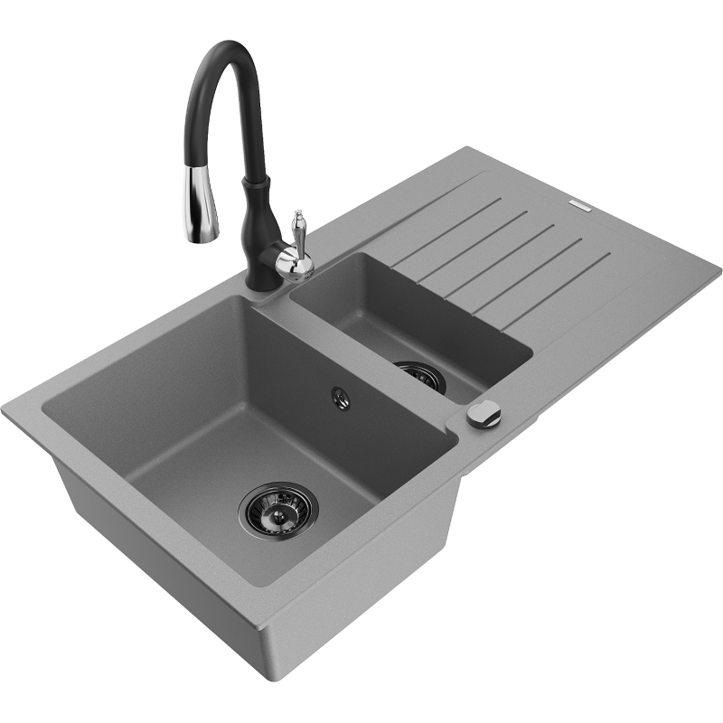 Mexen Matias 1.5-compartment granite sink with a drip tray and kitchen mixer tap Savita, Grey - 6502-71-672601-70-B