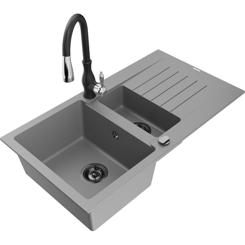 Mexen Matias fregadero de granito de 1,5 senos con escurridor y grifo de cocina Savita, gris - 6502-71-672601-70-B