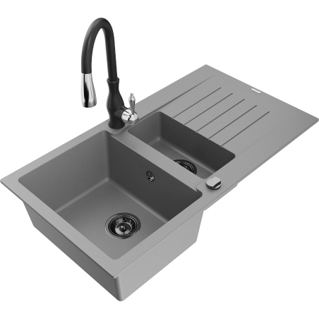 Mexen Matias granīta izlietne ar 1,5 nodalījumiem, notecinātāju un virtuves maisītāju Savita, pelēka