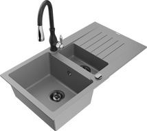 Mexen Matias fregadero de granito de 1,5 senos con escurridor y grifo de cocina Savita, gris - 6502-71-672601-70-B