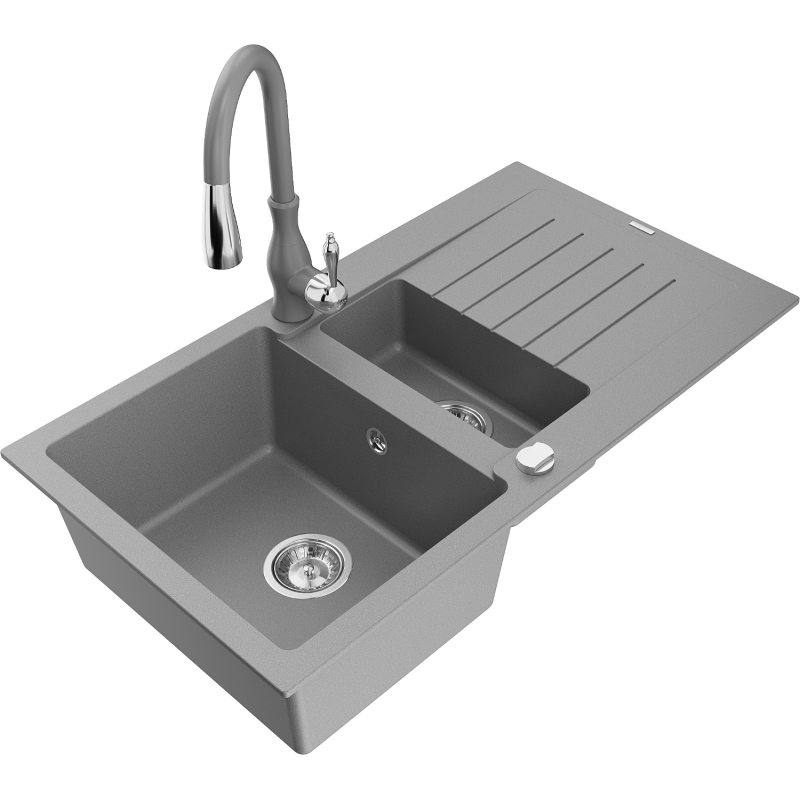 Mexen Matias fregadero de granito de 1,5 senos con escurridor y grifo de cocina Savita, gris - 6502-71-672601-71