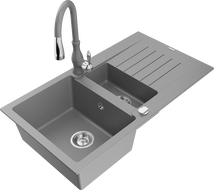 Mexen Matias 1.5-bowl granite sink with drainer and Savita kitchen tap, grey - 6502-71-672601-71