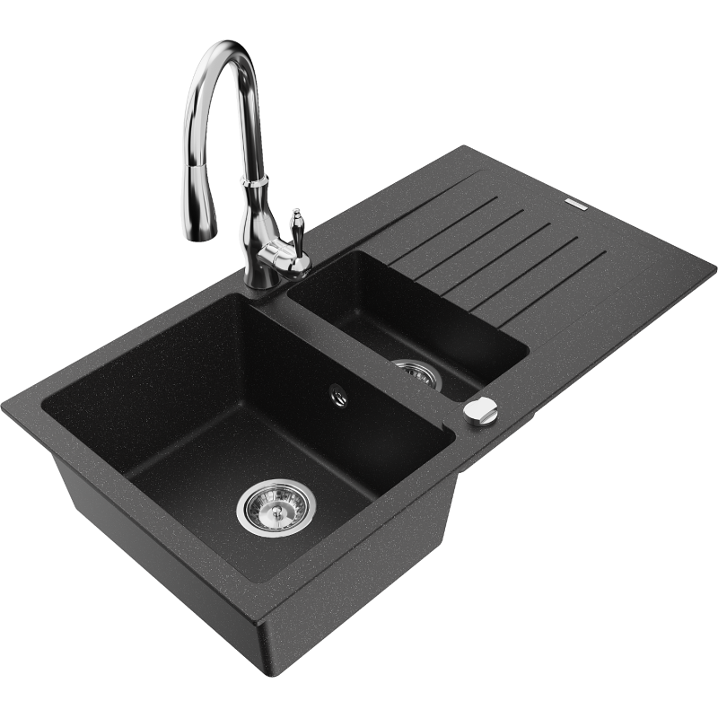 Mexen Matias fregadero de granito 1,5 senos con escurridor y grifo de cocina Savita, negro/plata - 6502-73-672601-00