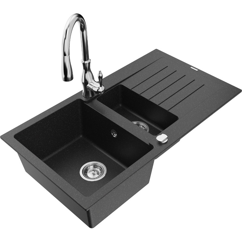 Mexen Matias fregadero de granito de 1,5 senos con escurridor y grifo de cocina Savita, negro/plata - 6502-73-672601-00