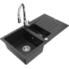 Mexen Matias granite sink 1.5-bowl with drainer and Savita kitchen faucet, black/silver - 6502-73-672601-00