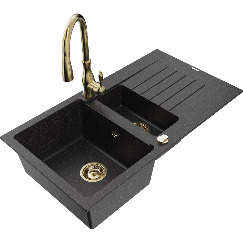 Mexen Matias fregadero de granito 1,5 senos con escurridor y grifo de cocina Savita, negro/plata - 6502-73-672601-50