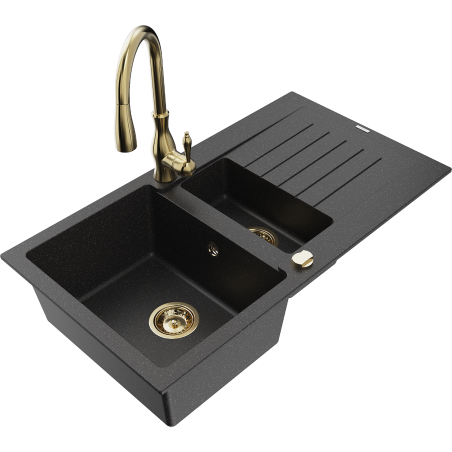 Mexen Matias fregadero de granito de 1,5 senos con escurridor y grifo de cocina Savita, negro/plateado - 6502-73-672601-50