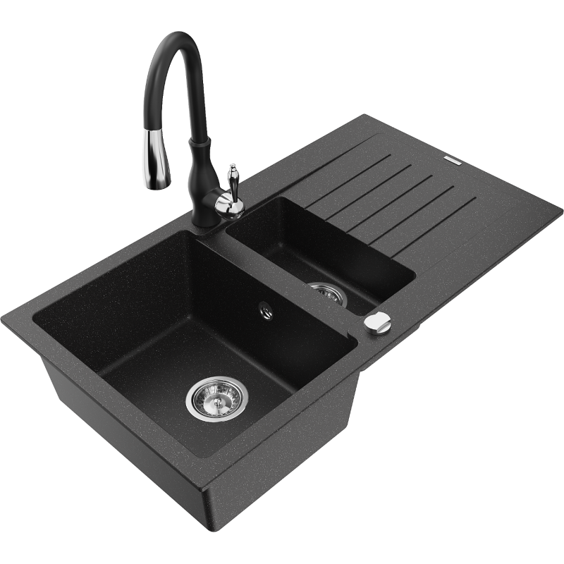 Mexen Matias fregadero de granito de 1,5 senos con escurridor y grifo de cocina Savita, negro/plateado - 6502-73-672601-70