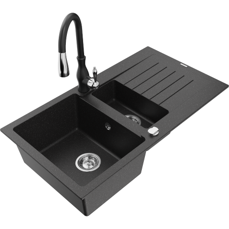 Mexen Matias fregadero de granito 1,5 tazones con escurridor y grifo de cocina Savita, negro/plata - 6502-73-672601-70