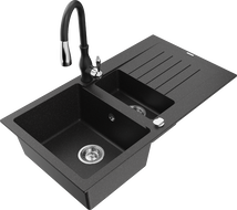 Mexen Matias granite sink 1.5-bowl with drainer and Savita kitchen tap, black/silver - 6502-73-672601-70