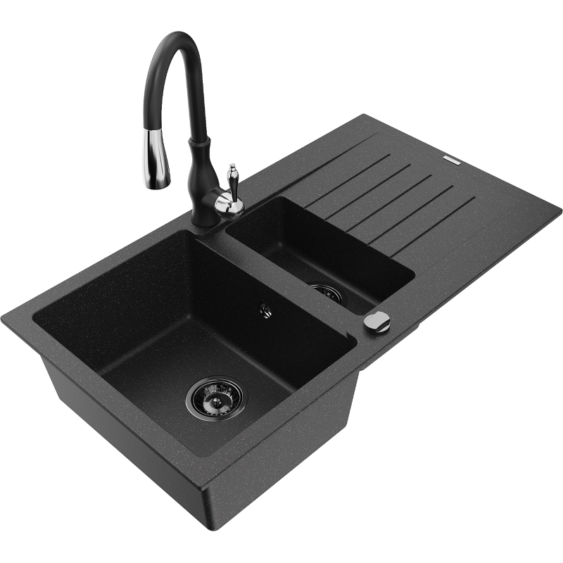 Mexen Matias fregadero de granito de 1,5 senos con escurridor y grifo de cocina Savita, negro/plata - 6502-73-672601-70-B