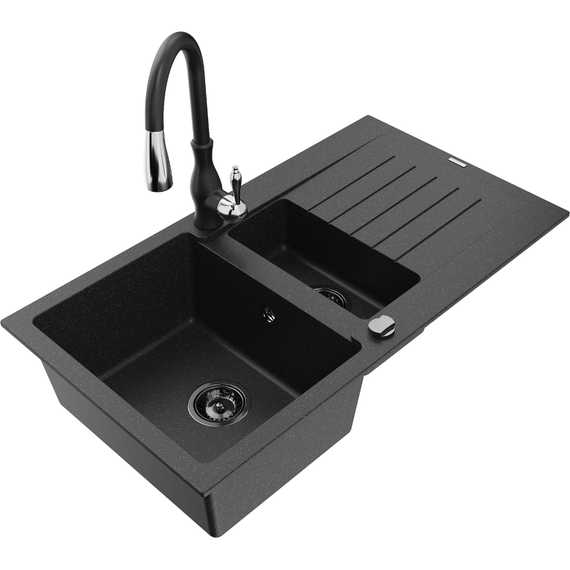 Mexen Matias granite kitchen sink 1.5-bowl with drainer and Savita kitchen tap, black/silver - 6502-73-672601-70-B