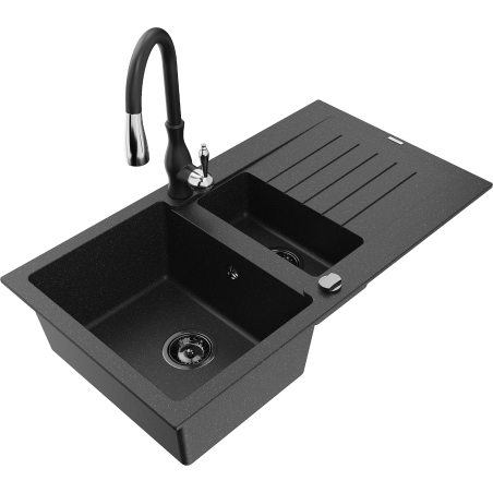 Mexen Matias granite kitchen sink 1.5-bowl with drainer and Savita kitchen tap, black/silver - 6502-73-672601-70-B