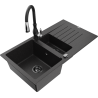 Mexen Matias granite kitchen sink 1.5-bowl with drainer and Savita kitchen tap, black/silver - 6502-73-672601-70-B