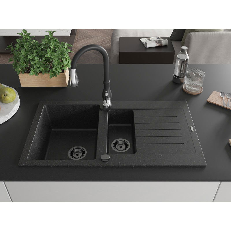 Mexen Matias granite kitchen sink 1.5-bowl with drainer and Savita kitchen tap, black/silver - 6502-73-672601-70-B