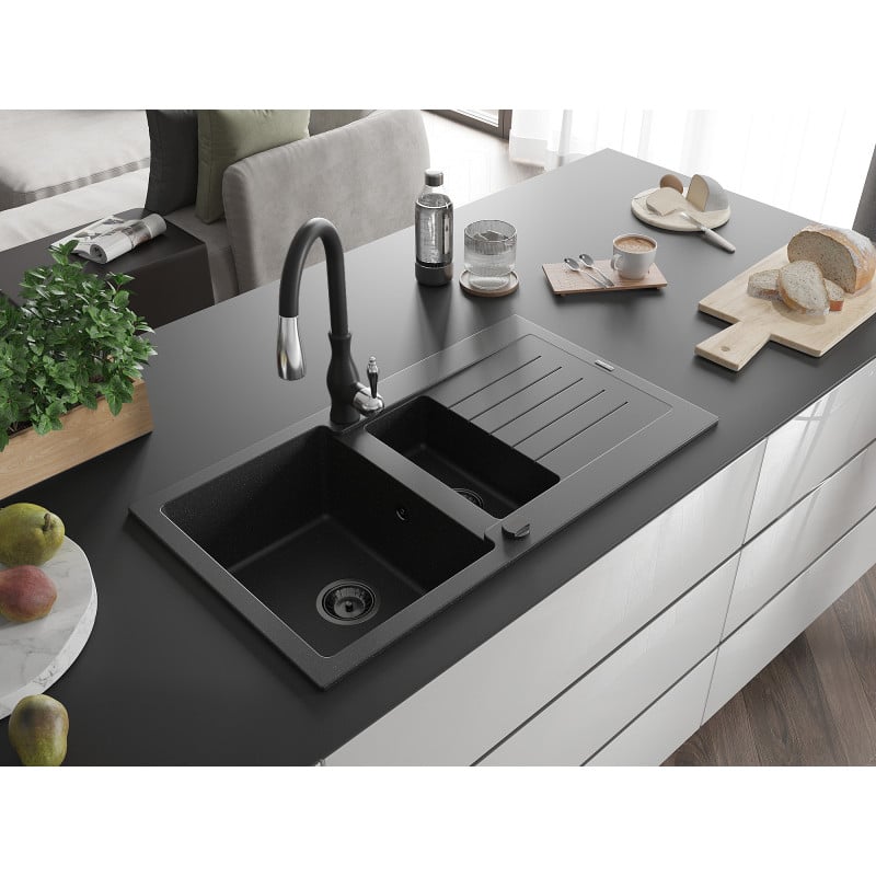Mexen Matias fregadero de granito de 1,5 senos con escurridor y grifo de cocina Savita, negro/plata - 6502-73-672601-70-B