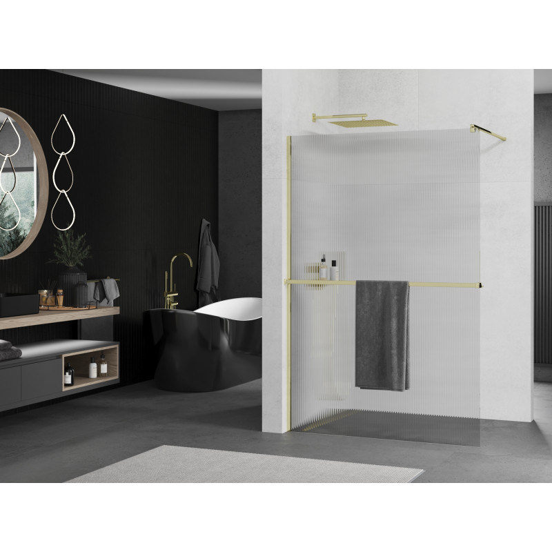 Mexen Kioto+ ścianka prysznicowa z półką Walk-in 90 x 200 cm, prążki, złota - 800-090-121-50-09